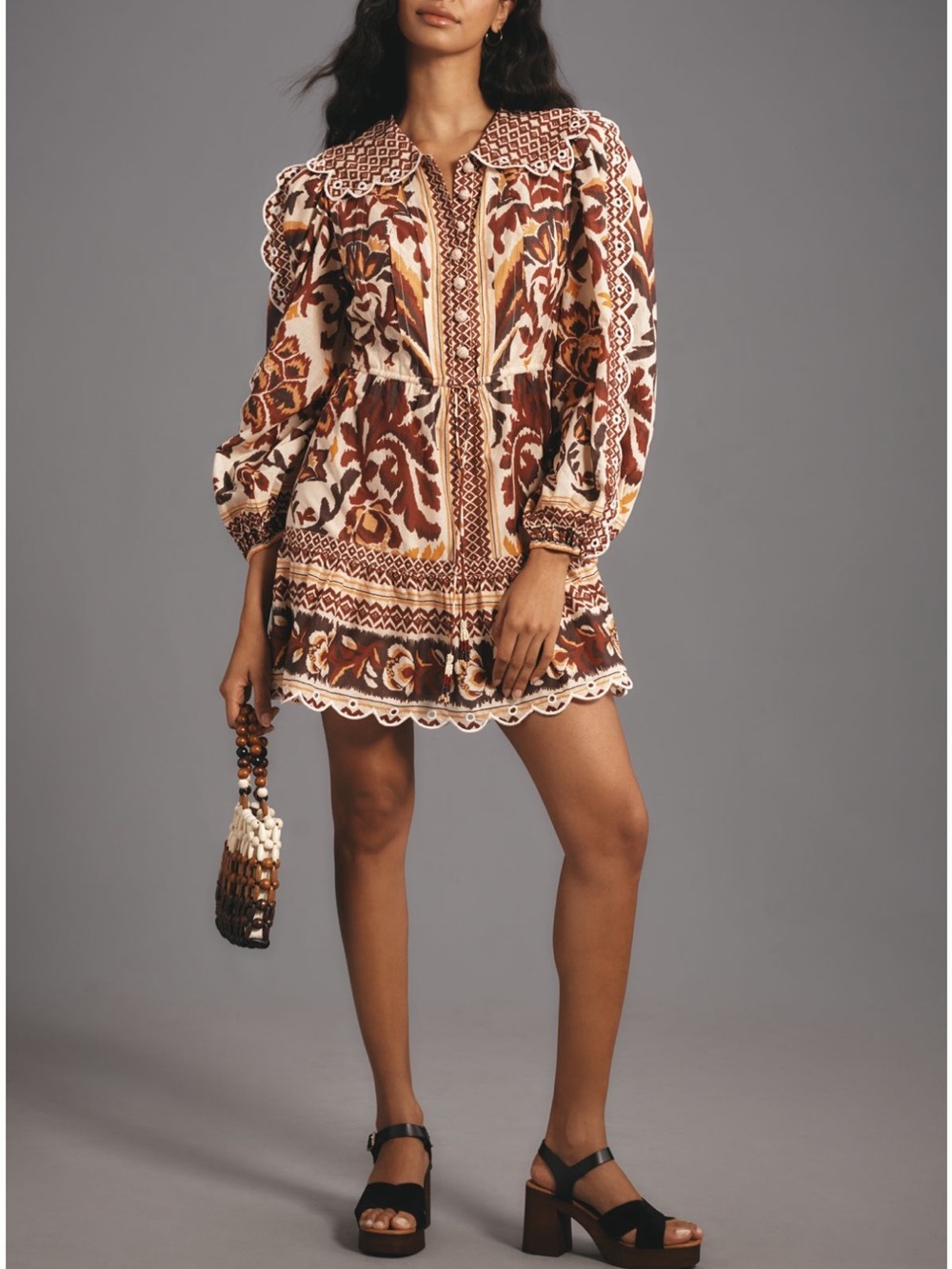 FARM Rio Brown & Cream Floral Embroidered Mini Dress